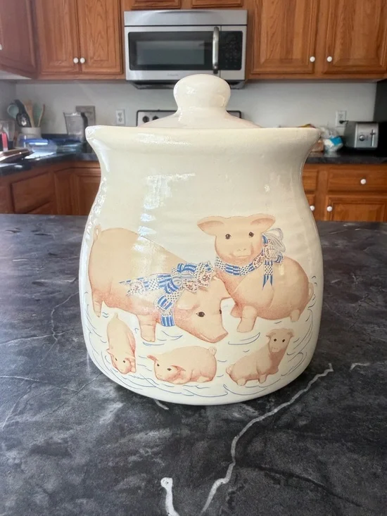Vintage Ceramic Cookie Jar Blue Accented Piggy Piglet Design Farmhouse Decor Pig